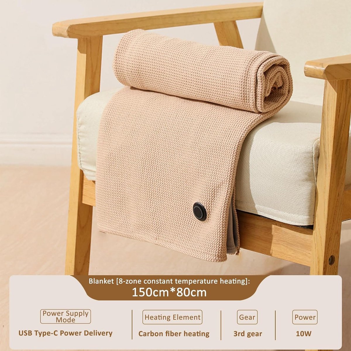 Elektrische deken - Oplaadbare elektrische deken - Verwarmde deken - USB-aangedreven winterdeken - Zachte verwarmde deken met snoer - Geschikt voor kantoorgebruik - Beige 150x80cm – foto 4