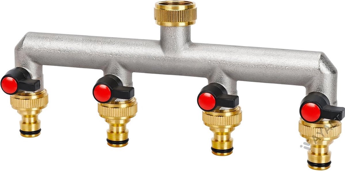Stunq® 4-weg kraanwaterverdeler, 4-weg verdeler water 3/4 inch messing wateraansluiting distributie, tuinslangen met 3/4 inch adapter, kogelkraan voor grote tuinirrigatie tuinslangen