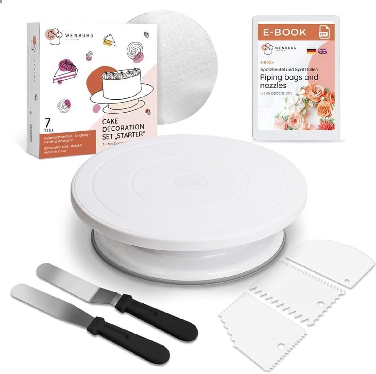 Stunq® Pivoting Plate - Cake Decorating Set - Cake Baking Accessories - Cake Turning Plate - Corner Pallets - Dough Scrapers - Cake Turntable - Confectionery Accessories - Starter Set