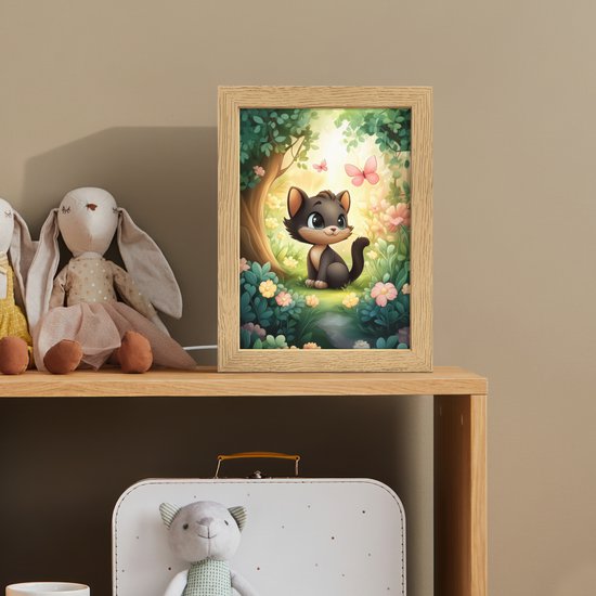 Nachtlampje 15x20 cm - Kinder lamp - Kat - Zwart - Bos - Vlinders - Tafellamp kinderkamer - Slaapkamer lamp - Bedlamp kinderen - Kinderlampje stopcontact - Wandlamp babykamer - Nachtlampjes van Merkloos — afbeelding 3
