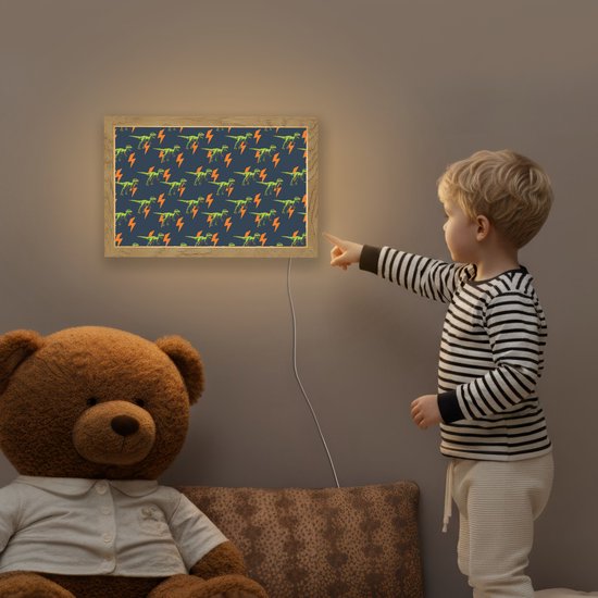 Nachtlampje 30x20 cm - Kinder lamp - Bliksemschichten - Oranje - Dinosaurussen - Tafellamp kinderkamer - Slaapkamer lamp - Bedlamp kinderen - Kinderlampje stopcontact - Wandlamp babykamer - Nachtlampjes van Merkloos — afbeelding 5