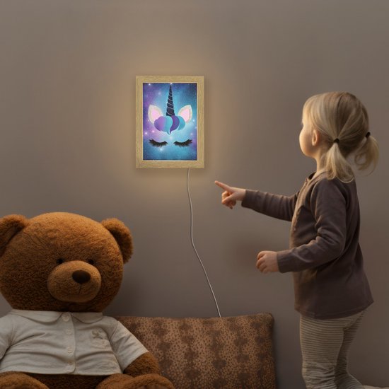 Nachtlampje 15x20 cm - Kinder lamp - Eenhoorn - Sterren - Blauw - Tafellamp kinderkamer - Slaapkamer lamp - Bedlamp kinderen - Kinderlampje stopcontact - Wandlamp babykamer - Nachtlampjes van Merkloos — afbeelding 5