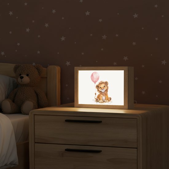 Nachtlampje 20x15 cm - Kinder lampje - Leeuw - Baby dier - Dieren - Roze ballon - Tafellamp kinderkamer - Slaapkamer lamp - Bedlamp kinderen - Kinderlampje stopcontact - Wandlamp babykamer - Nachtlampjes van OnlyWow — afbeelding 2