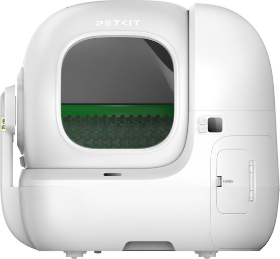 Witte, automatische kattenbak van PETKIT op een zwarte achtergrond. Deur met 'Open' is zichtbaar.
