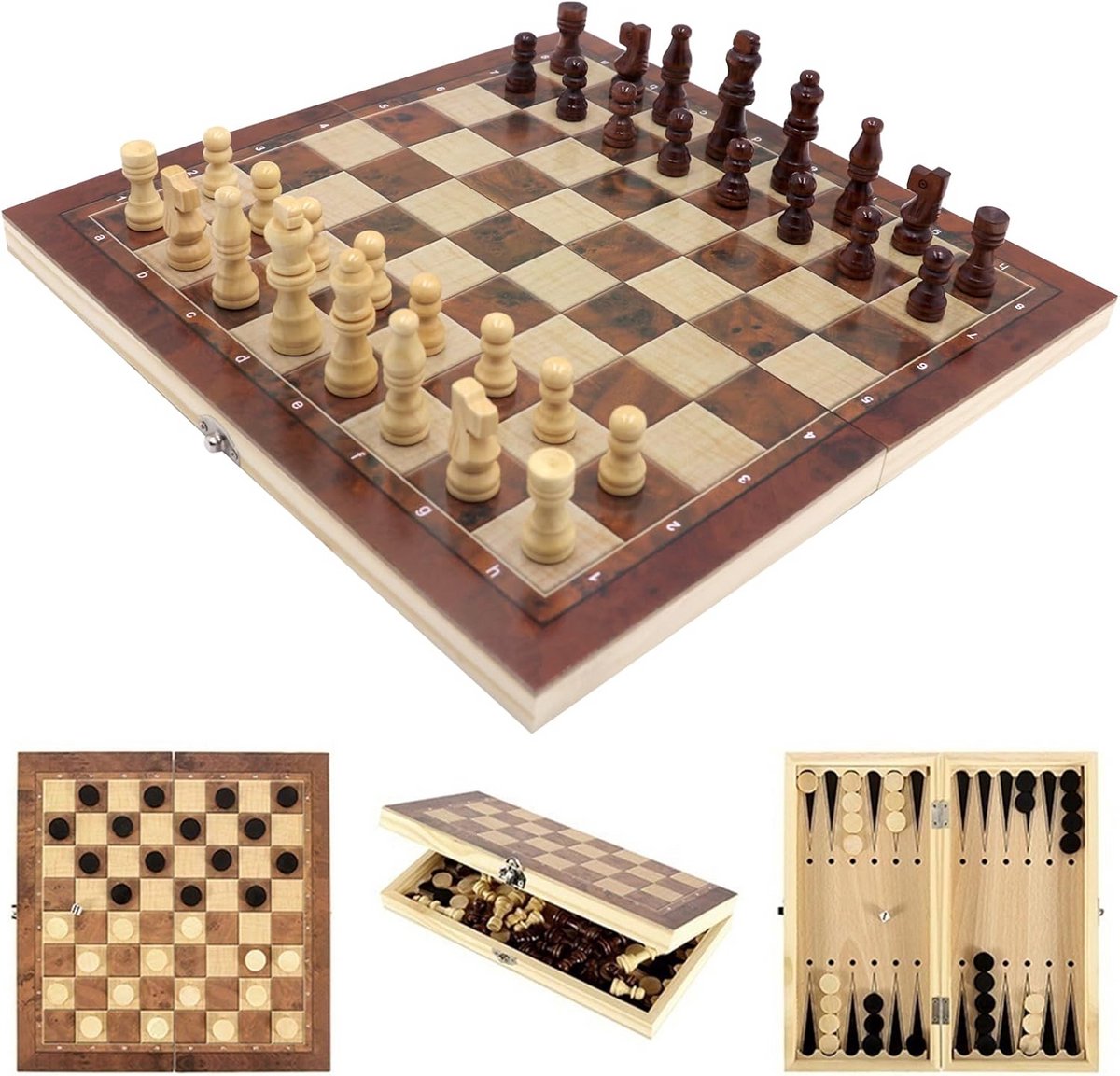 Schaakspel - Schaakbord set - Educatief spel - Opvouwbaar bord - 34x34cm - Beige en bruin