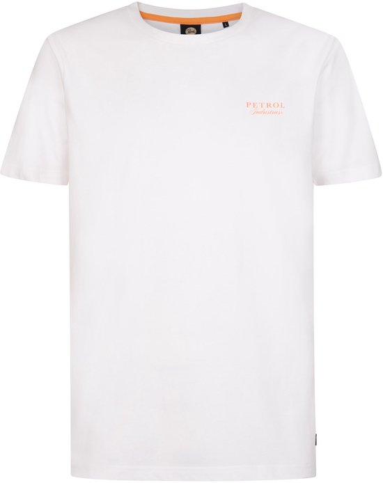 Wit T-shirt met oranje 'PETROL Industries' logo op de borst.