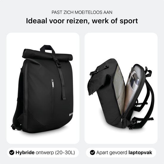 ONYX Sac à Dos Rolltop 25 à 40 L - Avec Compartiment pour Ordinateur Portable - Sac à Dos Réglable - Sac de Voyage - Résistant à l'Eau et Durable - Noir