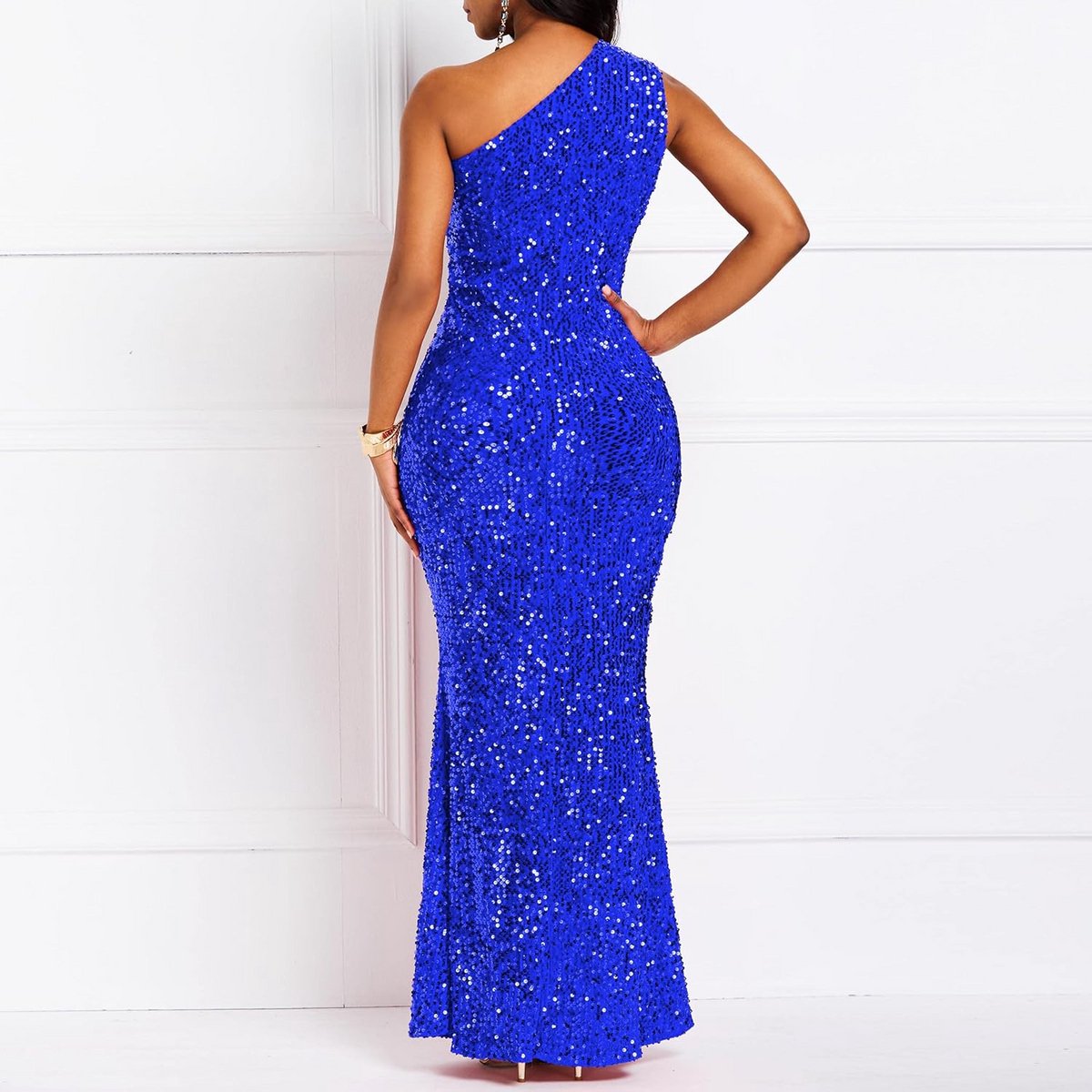 Glitter Zeemeermin Maxi Jurk Mouwloos Schuin Hals Feestjurk Dames