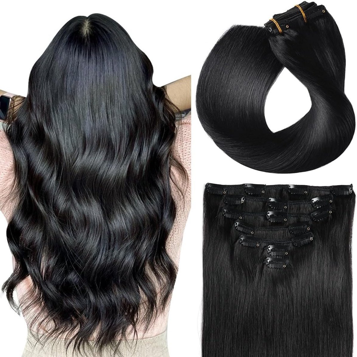 Clip-in Extensions Echt Haar Extensies 40 cm Recht Gladdonkerzwart 7 Delen