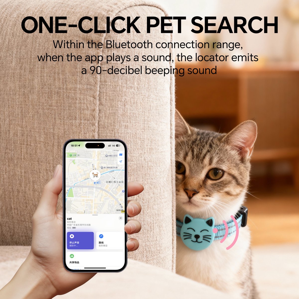 GPS KattenTracker - Zonder Maandelijkse Kosten - Werkt Met Android - IP68 Waterdicht - CR2032 Batterij (1+ Jaar) - Verstelbare Nylon Halsband - Halsomtrek 28-39 cm - Blauw thumbnail 8