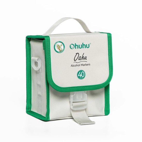 Een grijze en groene Ohuhu Oahu Alcohol Markers 40 kleuren etui, gesloten met een gesp.