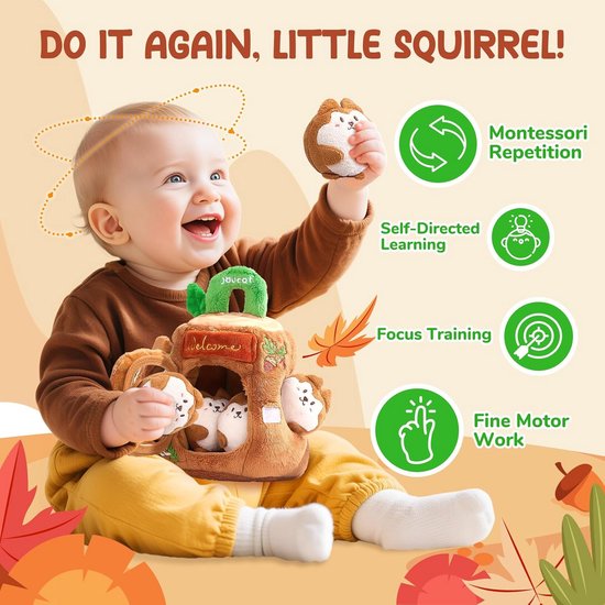 Sensorisch Pluche Boomhut Speelgoed met Eekhoorns, Rammelaar en Spiegel voor Baby's 6-12 Maanden — afbeelding 5