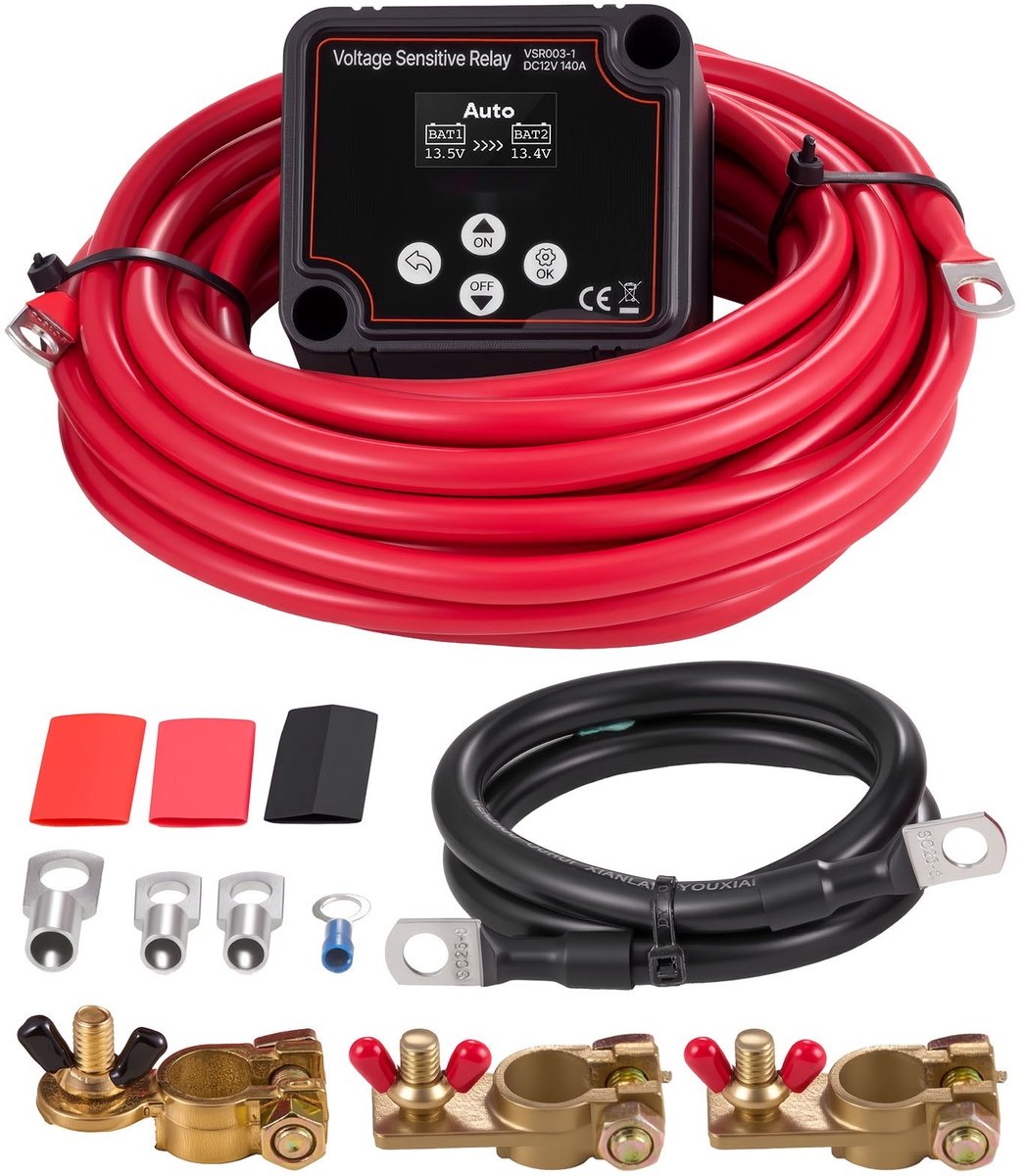 Dubbele Accu-isolator - VSR Spanningsgevoelig Accu-isolatierelais 12V 140A - Met Voltmeter en LCD - Inclusief Accuschakelaar - Geschikt voor Loodzuuraccu - Voor UTV/ATV