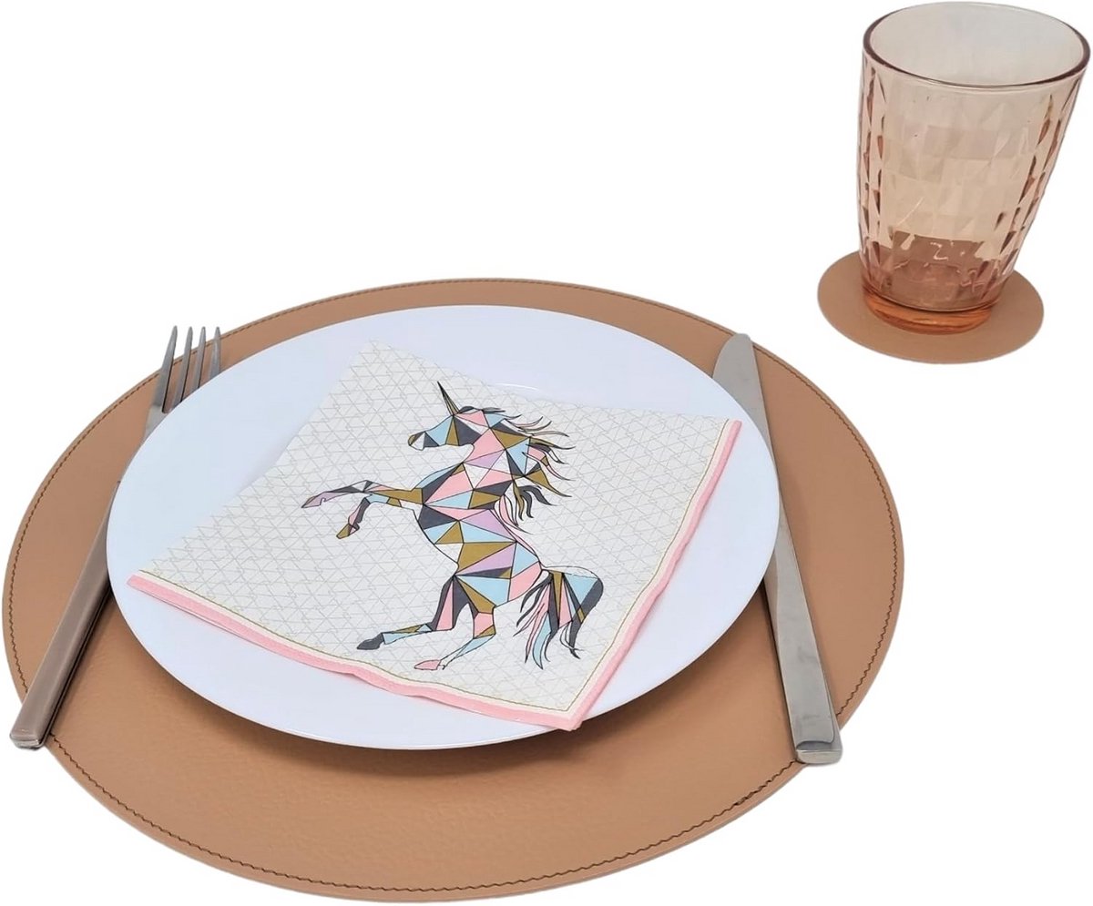 Set van 2 Ronde Tafelloper en Onderzetters van Gerecycled Leer - 33 cm