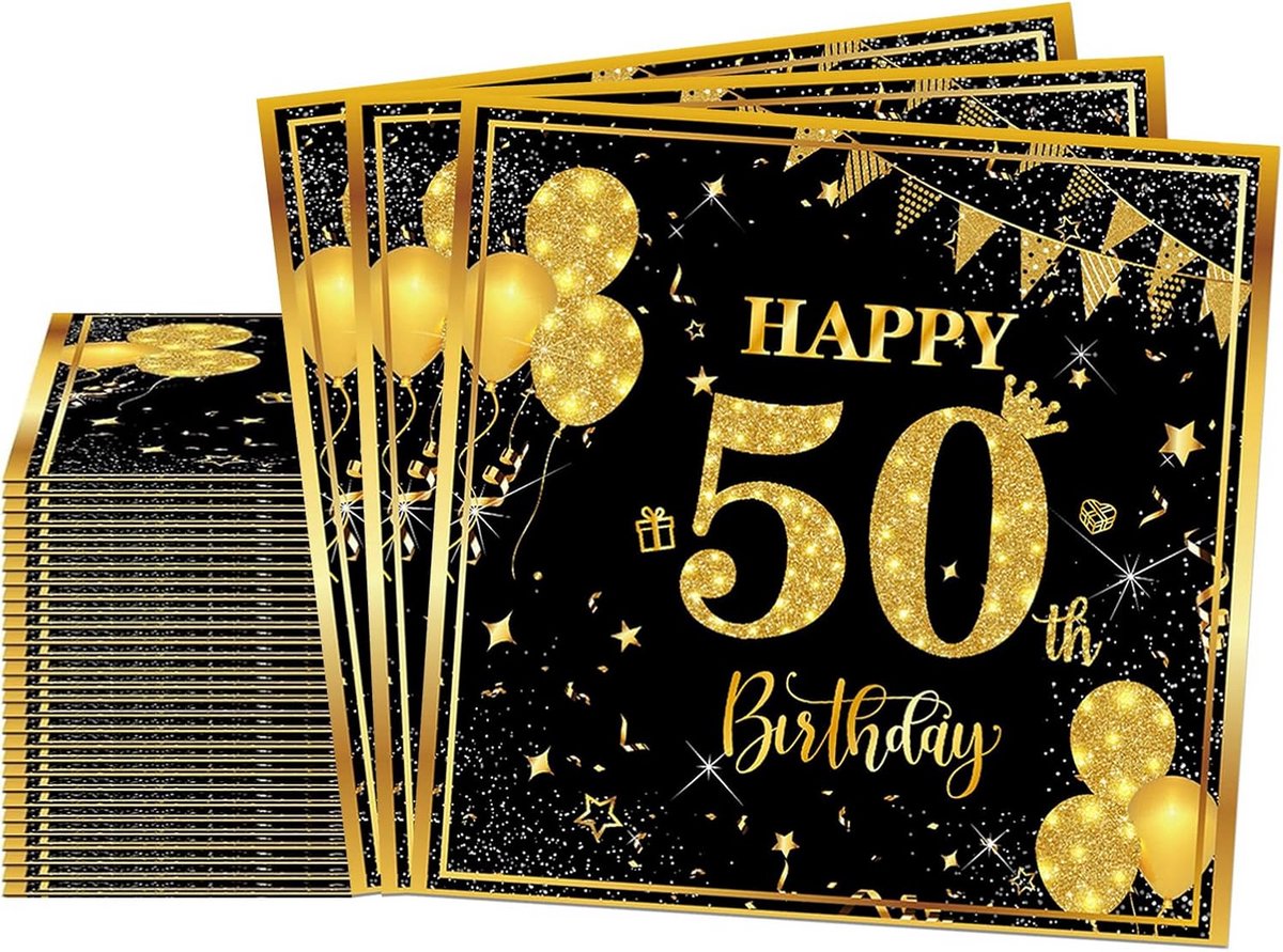 20x Zwarte Gouden Servetten 50e Verjaardag Decoratie – Luxe Wegwerp Tafelservetten