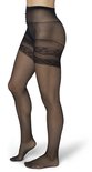 Zwarte panty met hoge taille en decoratieve kanten stroken op de dijen.