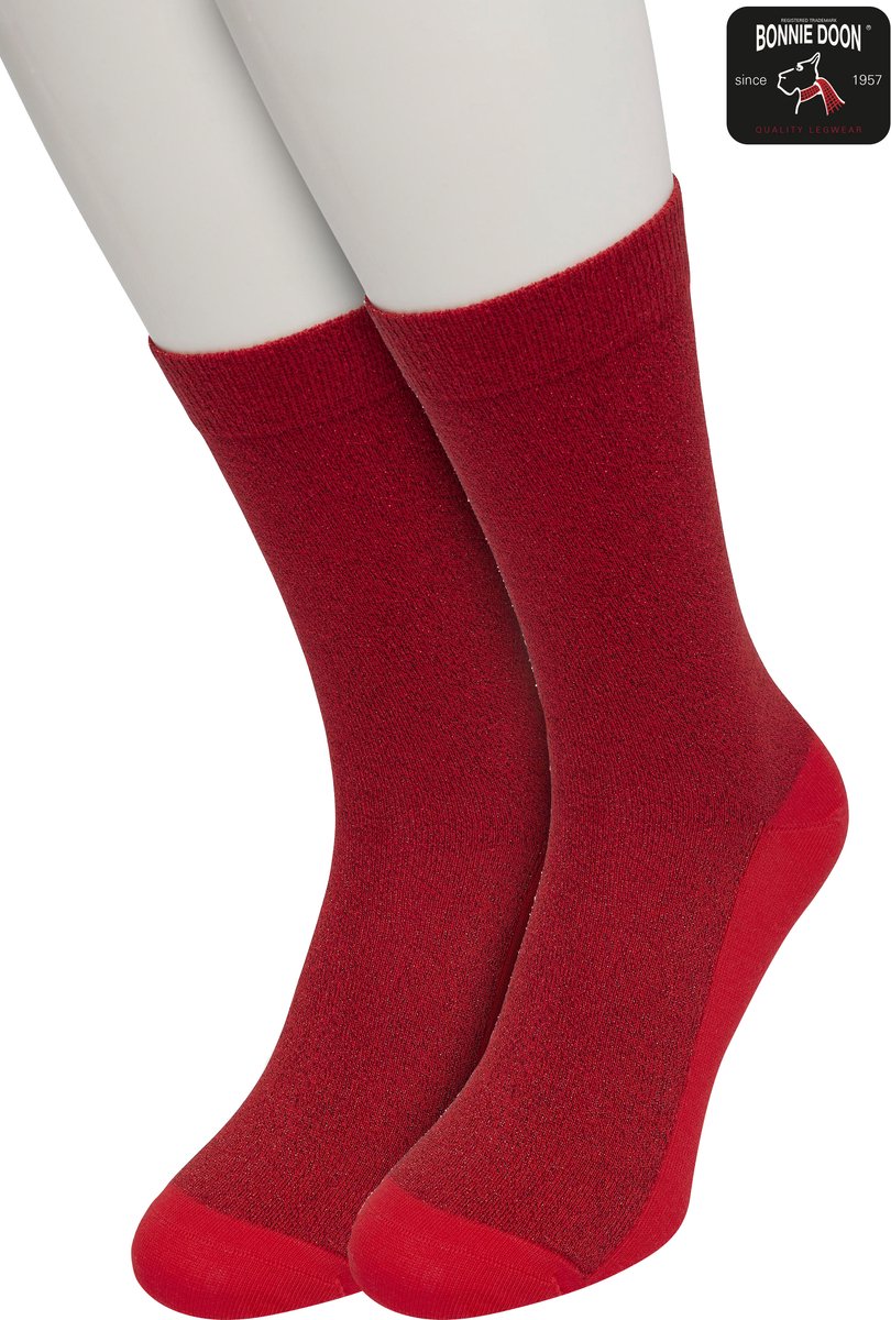 Bonnie Doon Set Katoenen Glitter Sokken Dames Hibiscus Rood maat 36/42 - Set met 2 paar Sokken - Glitter Subtiel - Katoen met zachte Lurex - Zachte Sokken - Gladde Naden - Perfecte Pasform - 2 pack - Multipack -Hibiscus Rood - OL05113802.247