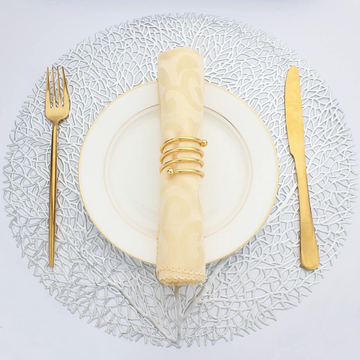 Set van 6 Ronde Zilveren Placemats met Boompatroon - Antislip Tafelmatten
