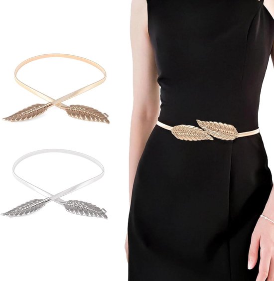 Foto: Stretchriem dames taille en heupriem elastisch bladeren patroon voor bruiloften en feesten goud zilver 2 stuks stretch riem meeste gelegenheden familiebijeenkomsten kerstfeesten