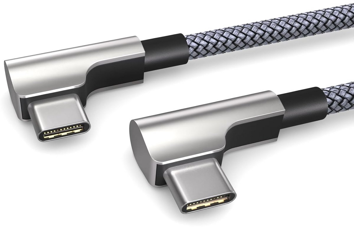 1 Meter USB-C naar USB-C Kabel - 3A Snel Opladen - Haakse Stekker - Flexibele Stof Ommanteling Zilver