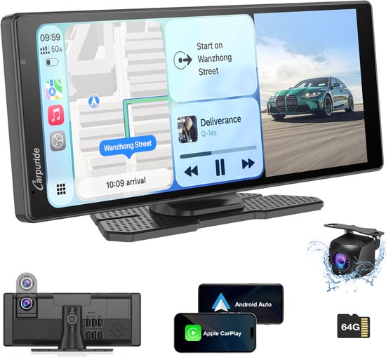 Carpuride draadloos CarPlay/Android Auto scherm met 64GB kaart en camera.