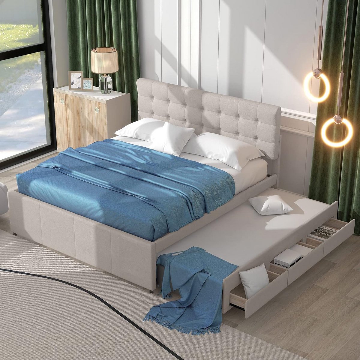 Tweepersoonsbed 140x200 met Uitschuifbed en 3 Lades - Gestoffeerd met Hoofdeinde en Lattenbodem