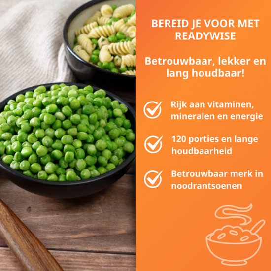 Een kom met verse erwten en een kom met fusilli pasta met erwten. Tekst over ReadyWise.