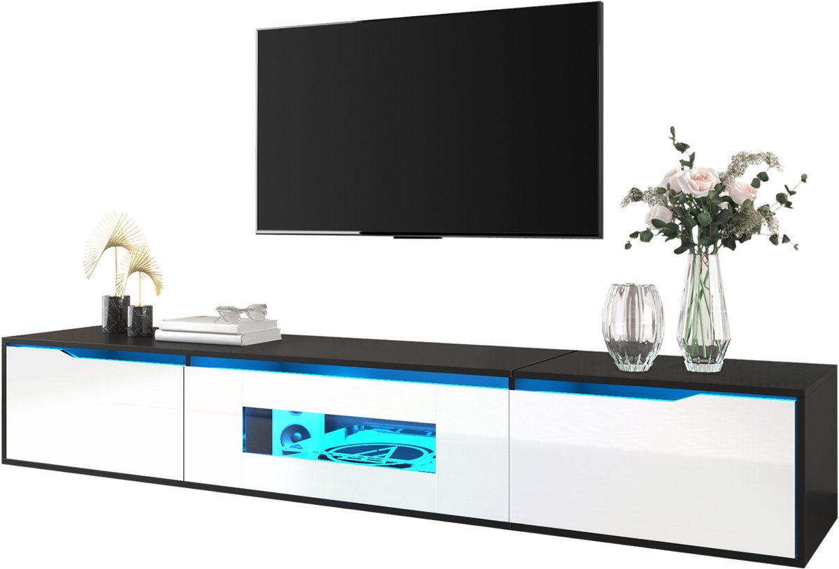 Clruro TV-Meubel- 180 cm - Hoogglans, Zwart-Wit, LED-Verlichting USB, Wandmontage - Modern TV-Lowboard met Kleurovergang Licht - MDF - Zwart, Wit