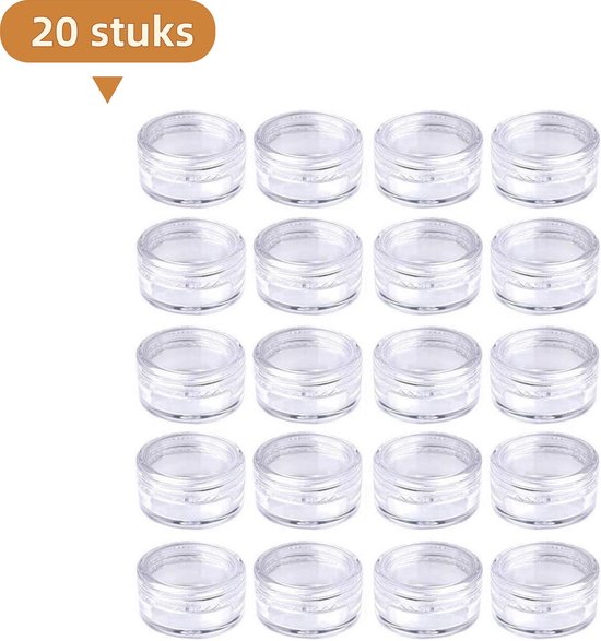 20 stuks - Monsterpotjes - Kleine reiscontainers - Navulbare cosmetische potjes - Make-upmonsterpotjes met deksels - Lippenstiftscrub DIY cosmetische opbergpotjes - 3 × 3 × 1,65 cm - 5 ml - Transparant