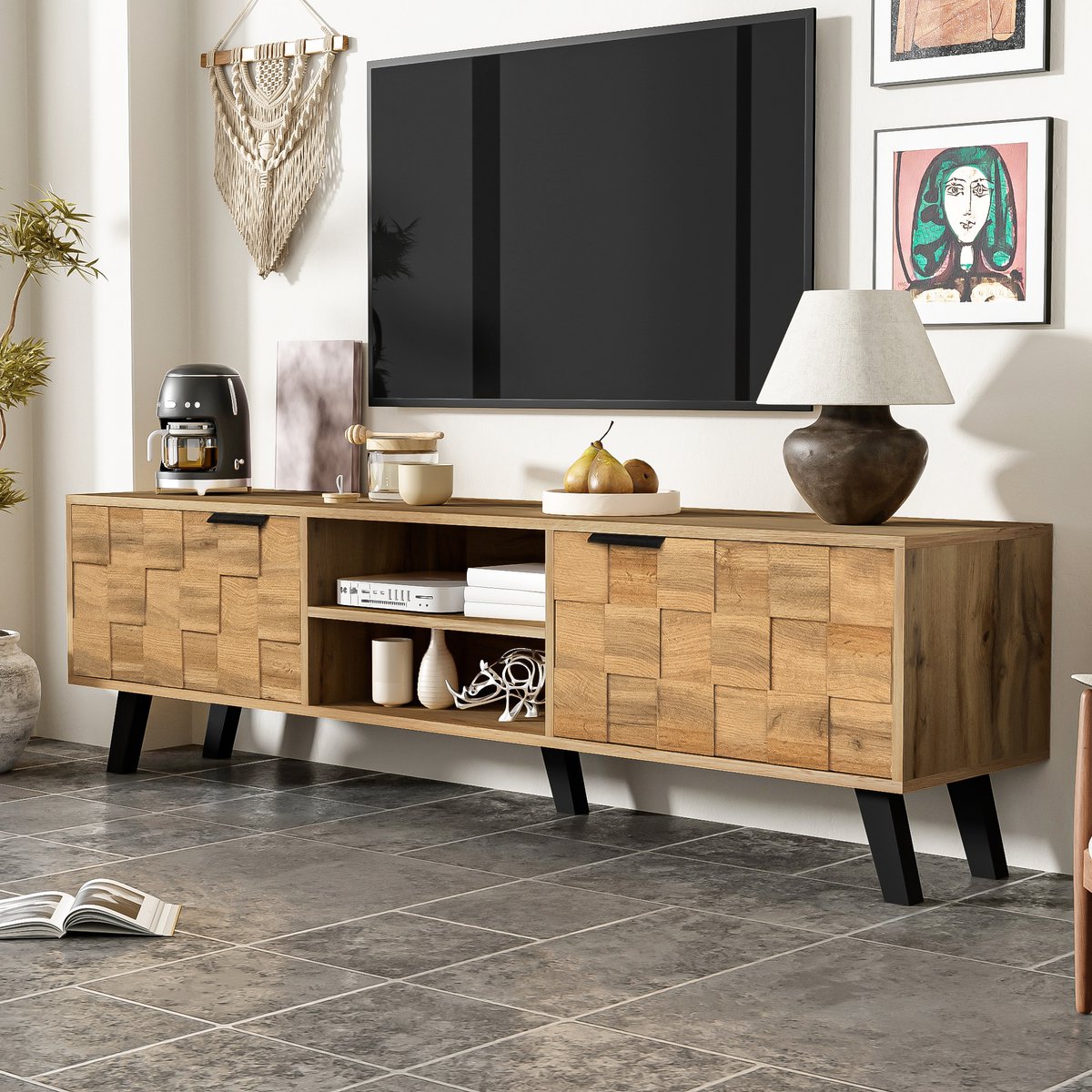 REDOM TV-meubel - spaanplaat - met deuren en open vakken - 160,5 x 35,5 x 45 cm Wood Hout