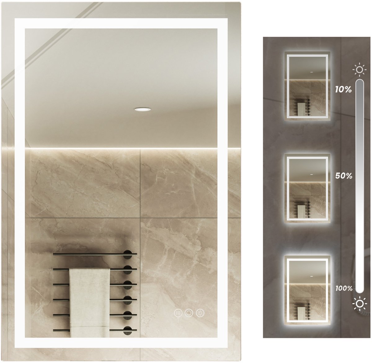 Auralum max® Badkamerspiegel met LED Verlichting - Badkamerspiegel Frameloos - Rechthoekige Wandspiegel - Dimbaar - Anti Condens Douchespiegel - Warm/Neutraal/Koud Wit - 90x60CM