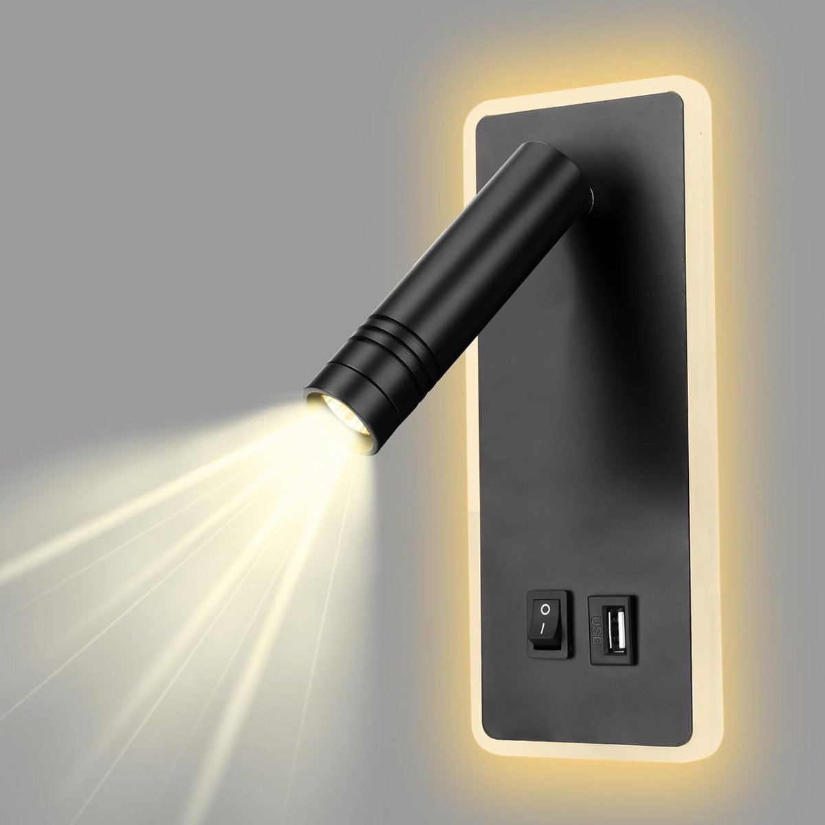 Verstelbare LED Wandlamp 9W met USB Oplaadpoort - Warm Wit Licht (3000K) - Rechthoekig Zwart