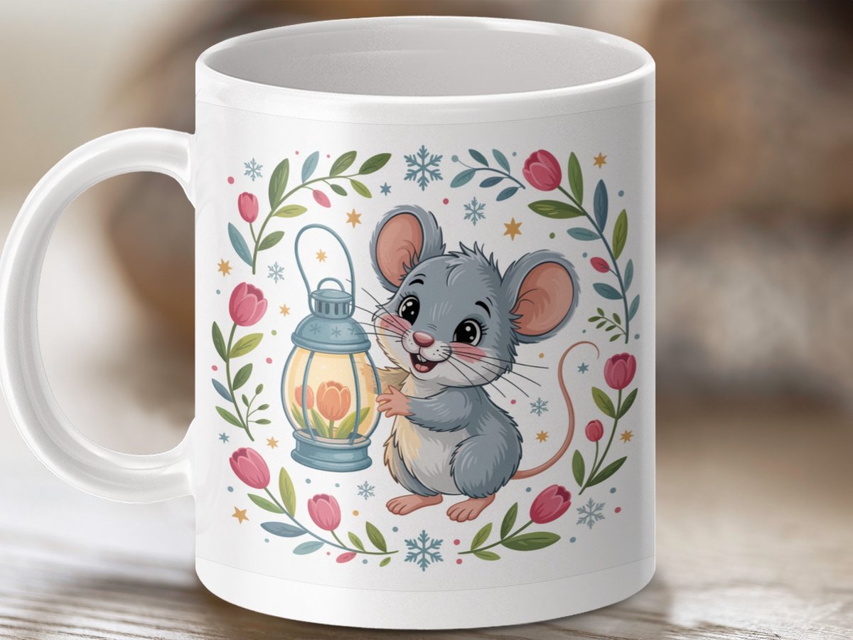 Mok Kerstmuis met Lantaarn, Leuke Kerstmok, Winterse mok, feestelijke mok, Cadeau idee