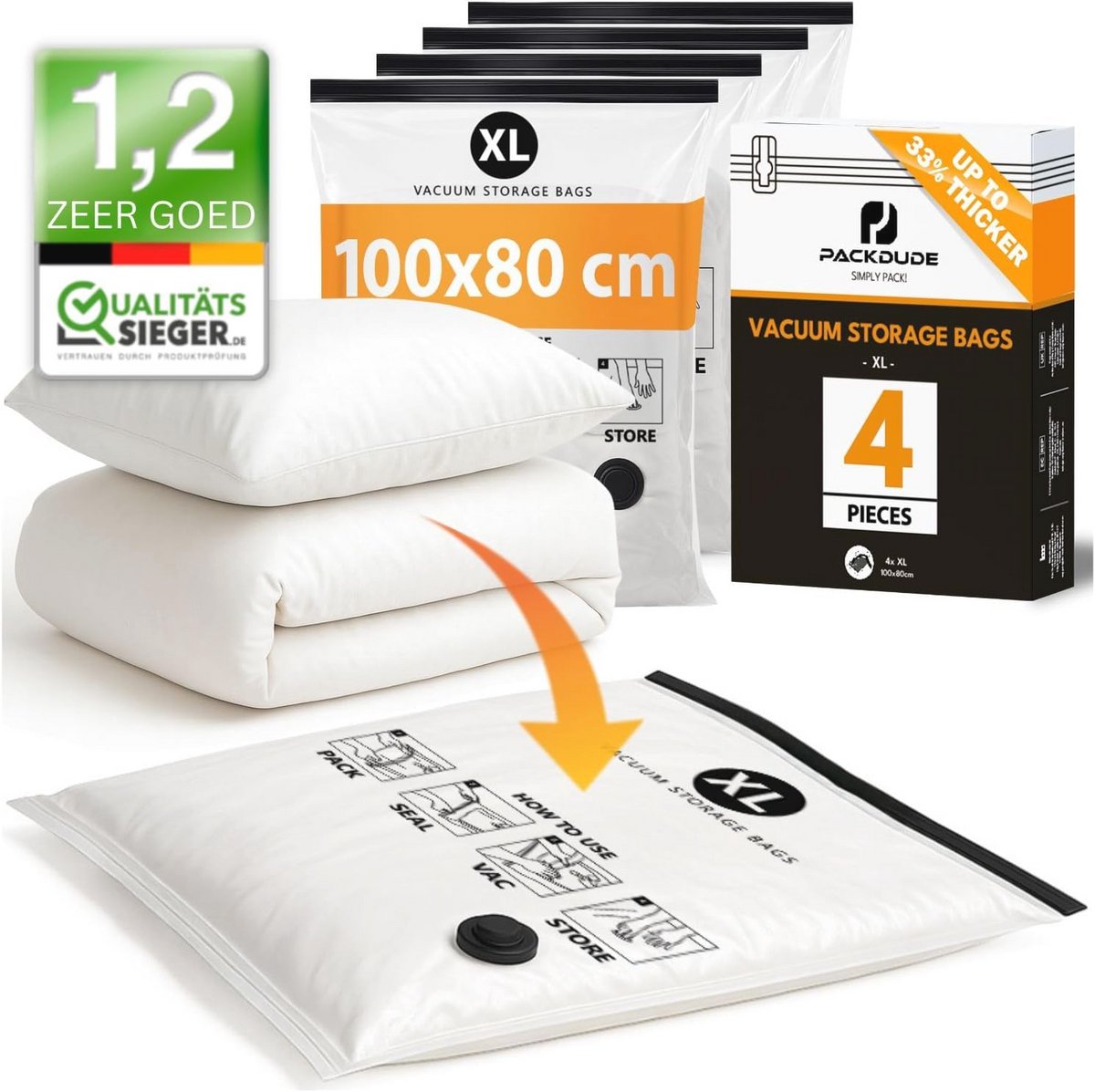 Vacuumzakken voor Dekbed en Kussens - 4 Stuks Extra Groot 100x80cm - Luchtdichte Opbergtas