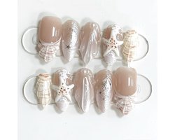 30pcs Summer Beach Press On Nails - Almond Medium - French Tip Fake Nails met 3D Pearl - Shell & Starfish Design voor Vrouwen