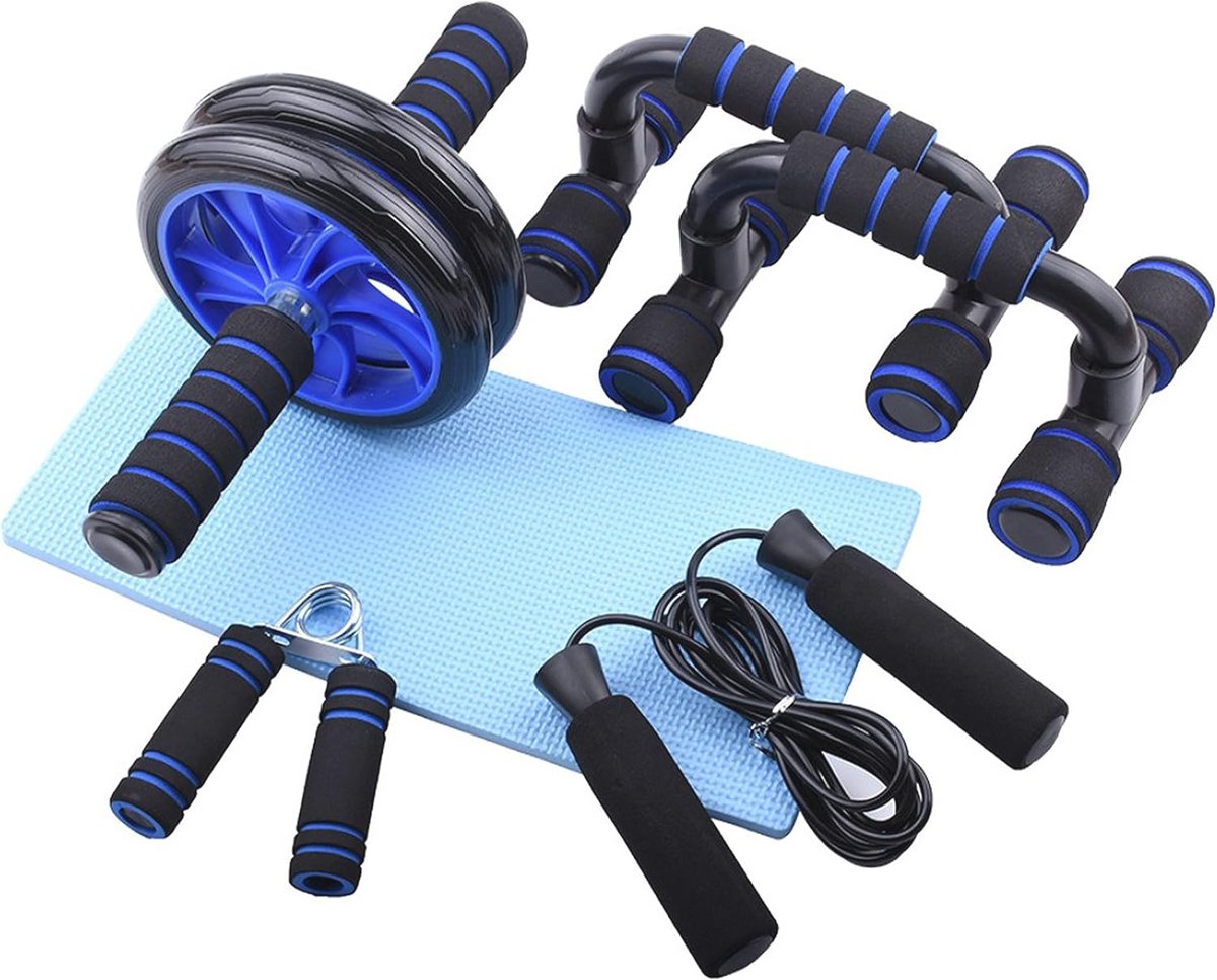 5 in 1 Home Oefening Set - Buikwiel, Push-up Stand, Handversterker en Springtouw voor Thuisfitness