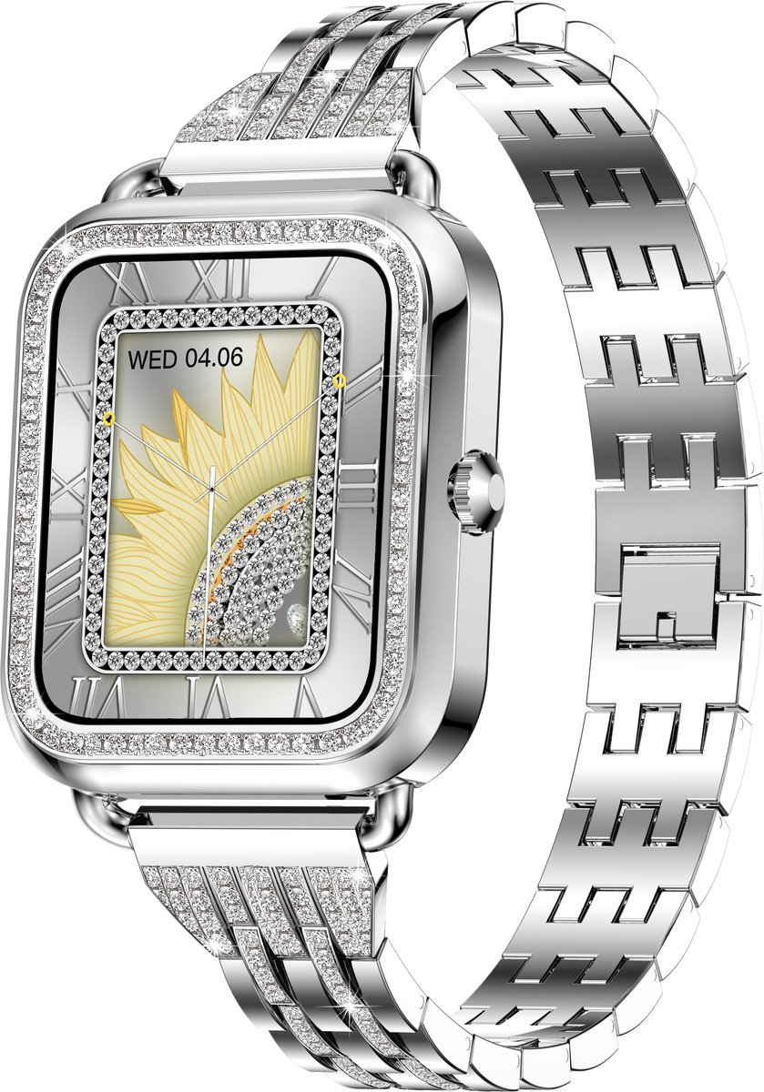 Knobbout Luxe 1,59" Dames Smartwatch met Kristallen – Bluetooth Bellen, AI Spraakassistent, 21 Sportmodi, Hartslag/Bloeddruk/SpO₂, IP67 Waterdicht, Slaapmonitoring, Berichtmeldingen, Muziek & Camerabediening – 210mAh-Zilver stalen band