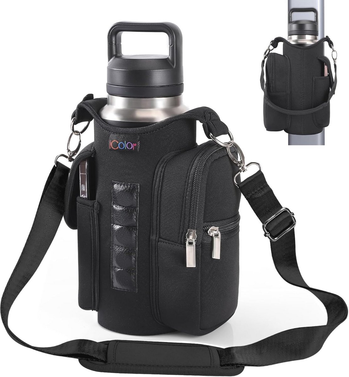 Magnetische flessenhouder met telefoonvakken en sportaccessoires voor dames en heren, 5 magneten, tas met handvat en schouderriem