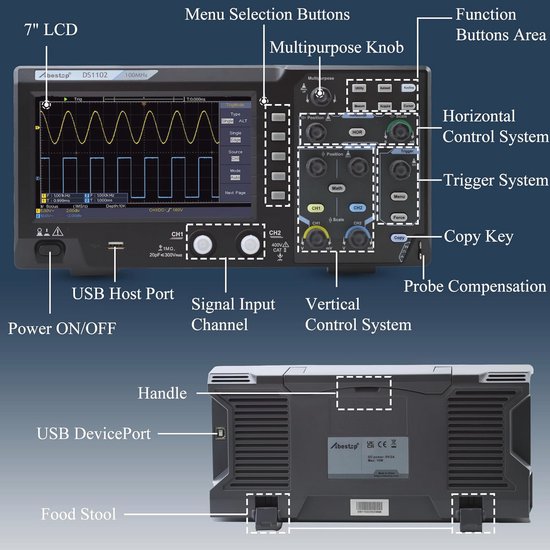 Oscilloscope Portable Protek 1020 – 200 MHz 2 Canaux – Écran TFT 7 Pouces Neuf