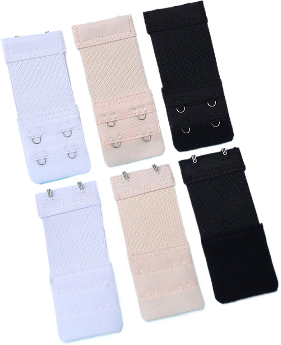 6x Beha verlengstuk - 2 Haaks - Elastisch - BH extender - Beha band verlengen - Universeel - Beige/Zwart/Wit - Jonyx