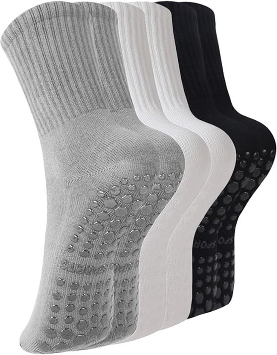3 paar Pilatessokken voor dames, lange sokken met dubbele strepen, antislip pilates sokken, voor Yoga Ballet Blotevoetentraining Anti Slip Atletische Sokken(Zwart, Wit of Grijs