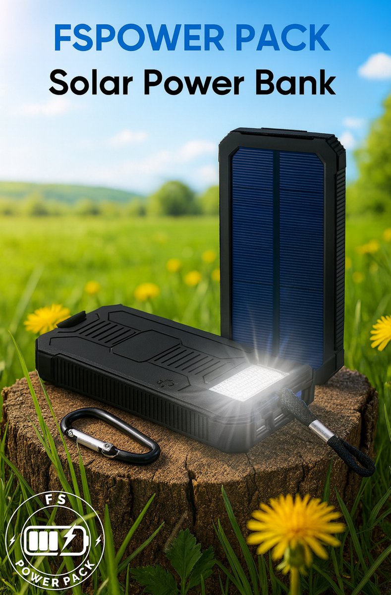 Noodpakket Solar Charger! Zonne-energie opladen 20000mAh Solar Powerbank FS Power Pack 20000mAh Solar Powerbank – Snelladen – Waterdicht – LED Zaklamp & SOS – Externe Accu – Outdoor Noodpakket – Draagbare Zonne-Energie Power Bank – foto 7