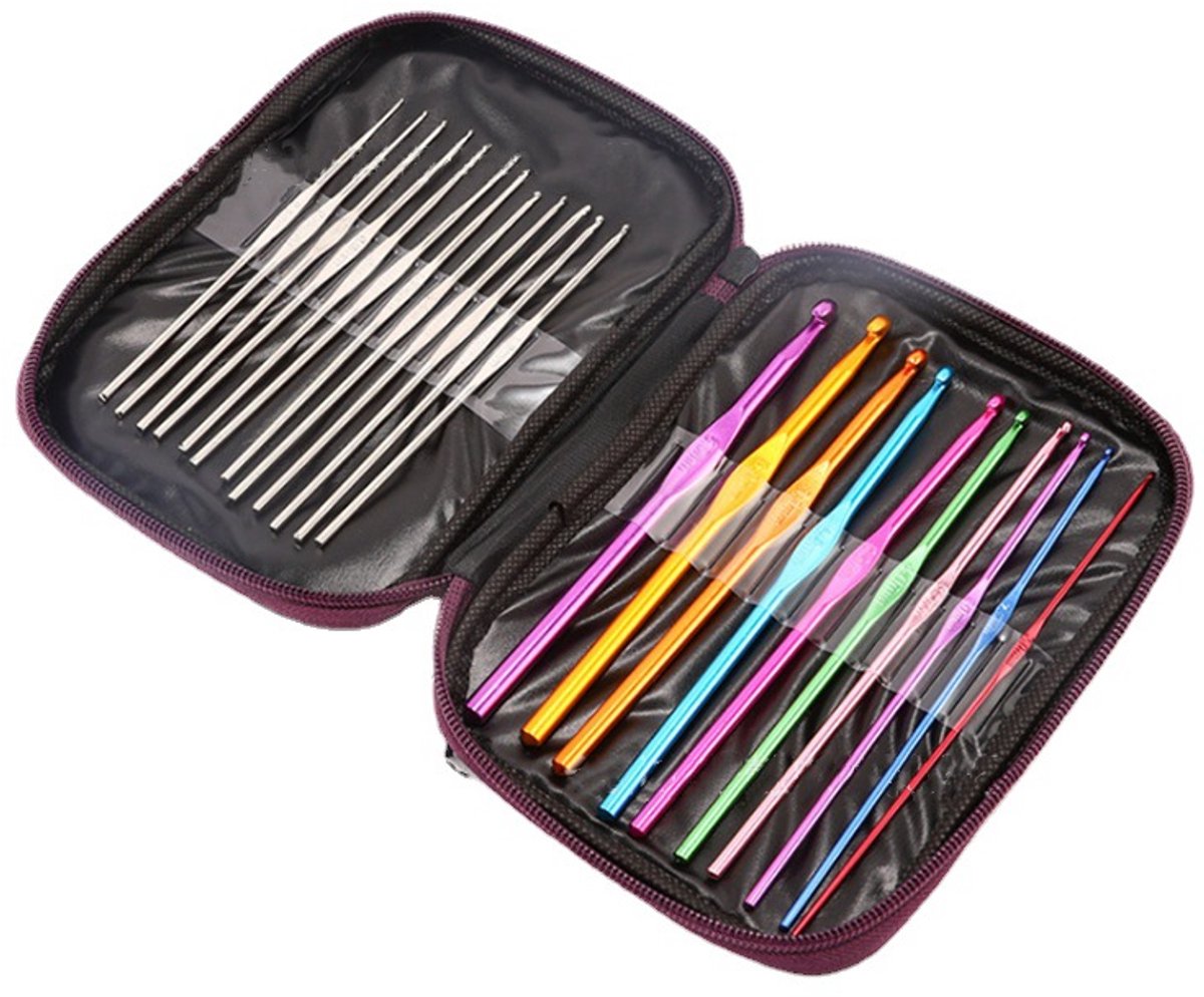 22-delige haaknaaldenset - Ergonomische haaknaalden - Inclusief opbergetui - Crochet set - Aluminium - Kleurrijk - Haken - Jonyx