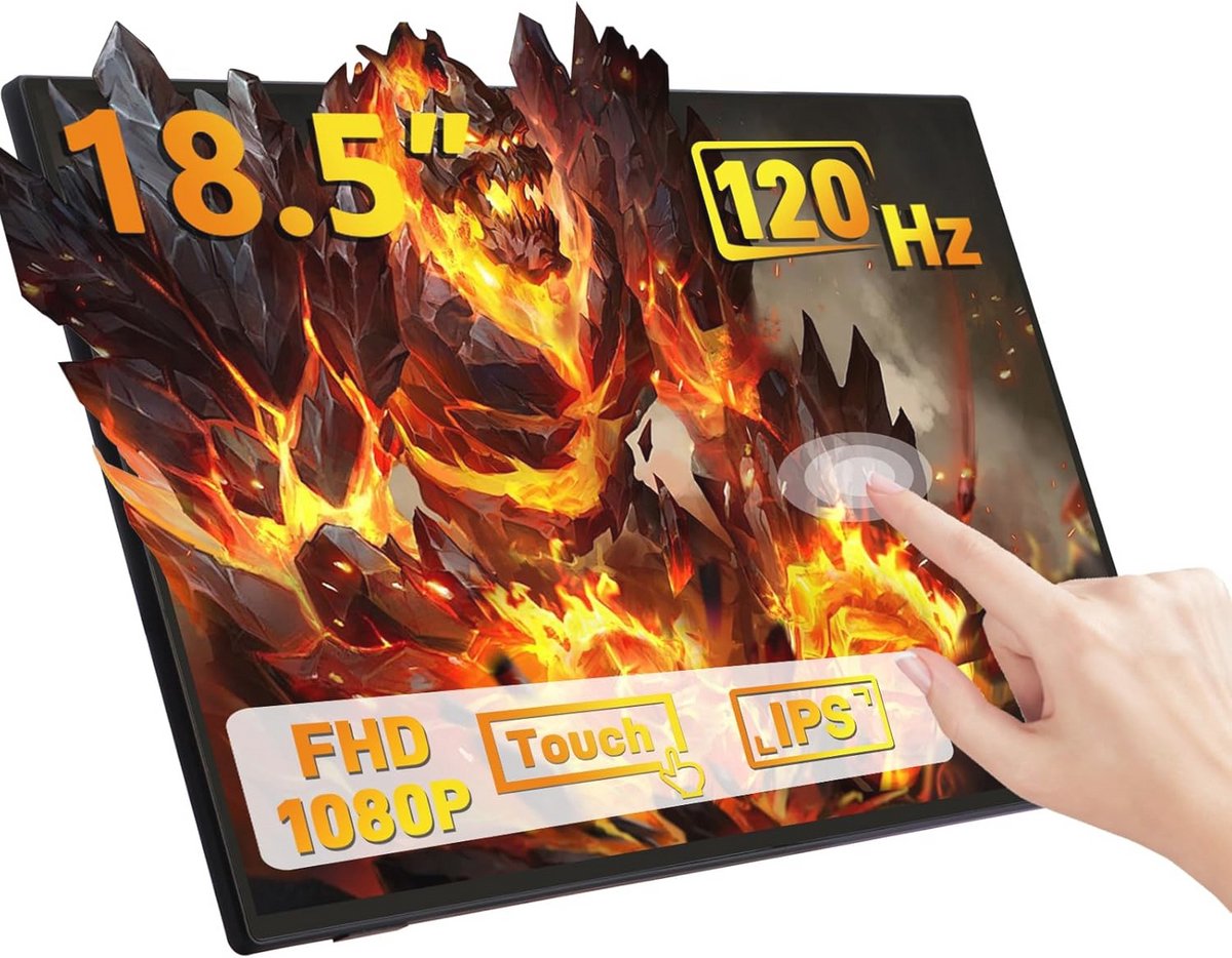 Draagbare 18,5 inch touchscreen monitor met 120Hz, 1080p resolutie en HDMI/USB-C aansluiting