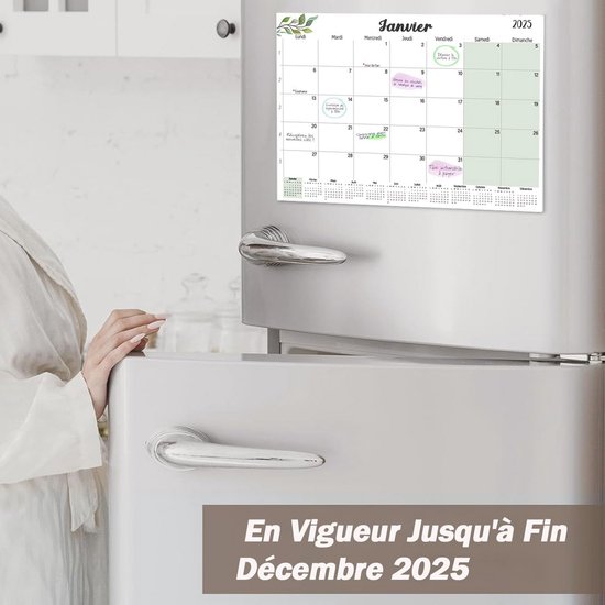 Magnetische koelkastkalender 2025 met groene bladeren en de maand "Janvier", getoond op een koelkast.