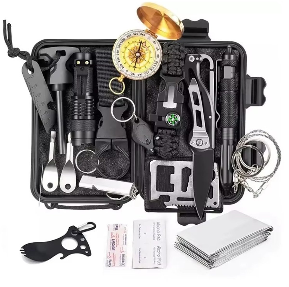 IMENGINE® Survival Kit - 17 Delig - Noodpakket - Survival Mes - Overlevingspakket Outdoor - EHBO Kit - noodpakket voor thuis 72 uur