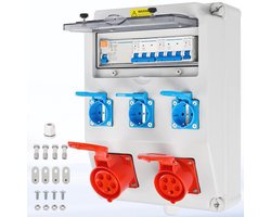 Wandverdeler met Schuko en CEE Stopcontacten voor Bouwstroom, Waterdichte Stroomverdeler met FI-schakelaar