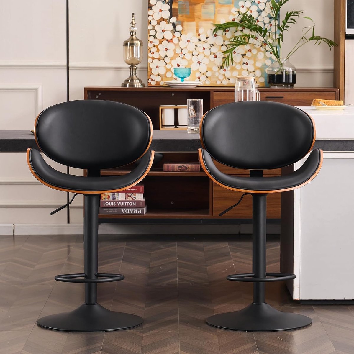 Curved Wood Barstoel met Rugleuning - Zwart - Rugleuning Voetsteun – 360° Draaibaar - Medahomestore