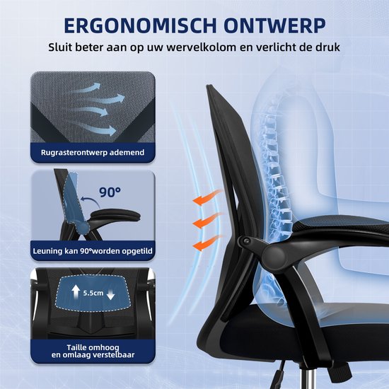 Elekiatech Ergonomische Bureaustoel - Bureaustoel - Bureaustoelen voor Volwassenen - opklapbare armleuningen-150 Kg - Zwart