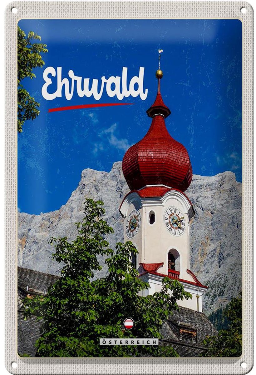 Blechschild Reise 20x30cm Ehrwald Österreich Kirche roter Dach